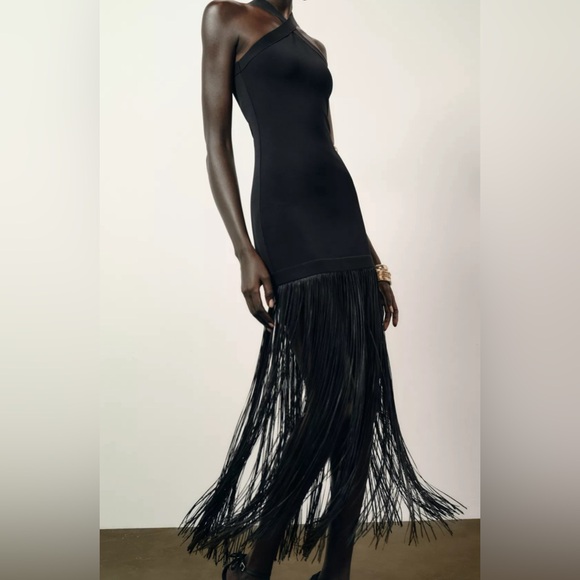 NWT ZARA LONG STRETCH FRINGE DRESS SIZE S - Picture 2 of 12